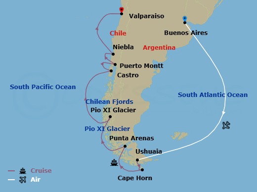 24 Night - Ultimate Voyage : South America & Antarctica - Scenic Eclipse - Starting in Buenos Aires, Argentina, Buenos Aires, Argentina / Ushuaia, Argentina, Antarctica, At Sea / Ushuaia, Argentina, Ushuaia, Argentina, Cape Horn, Chile, Seno Pia (Glacier) / Seno Garibaldi (Glacier), Chile, Seno Agostini (Glacier), Chile, Punta Arenas, Chile, Cruising Chilean Fjord, Pio XI (Glacier) / Puerto Eden, Chile, Cruising Chilean Fjords, Castro, Isla Chiloe, Chile, Puerto Montt, Chile, Niebla, Chile, Valparaiso, Chile itinerary map