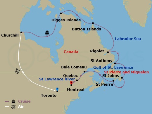 17 Night - Hudson Bay & the Canadian Arctic to Montreal - Scenic Eclipse - Starting in Toronto, Ontario, Canada, Toronto / Churchill, Manitoba, Canada, Churchill, Manitoba, Canada, Digges Islands, Nunavut, Canada, Cape Wolstenholme, Nunavik, Quebec, Canada / Erik Cove, Canada, Button Islands, Nunavut, Canada, Saglek Fjord, Newfoundland and Labrador, Canada, Rigolet, Newfoundland and Labrador, Canada, St Anthony, Newfoundland and Labrador, Canada, St Johns NF, Canada, St Pierre and Miquelon, France, Baie-Comeau, Quebec, Canada, Quebec City, Quebec, Canada, Montreal, Quebec, Canada itinerary map