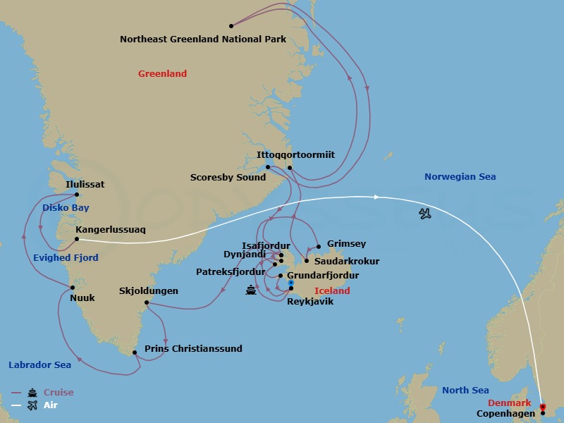 26 Night - Ultimate Voyage : Iceland & Greenland Expedition - Scenic Eclipse - Starting in Reykjavik, Iceland, Patreksfjordur, Iceland, Grimsey Island, Iceland, Saudarkrokur, Iceland, At Sea / Ittoqqortoormiit, Greenland, Northeast Greenland National Park, Scoresby Sund, Greenland, Isafjordur, Iceland, Grundarfjordur, Iceland, Reykjavik, Iceland, Dynjandi (Fjallfoss), Iceland, Isafjordur, Iceland, Fridtjof Nansen Halvo, Greenland, Skjoldungen Fjord, Greenland, Cruising Prince Christian Sound Herjolfsnes, Greenland, Nuuk (Godthab), Greenland, Evighed Fjord, Greenland, Disko Bay, Greenland, Ilulissat, Greenland, Kangerlussuaq, Greenland / Copenhagen, Denmark, Copenhagen, Denmark itinerary map