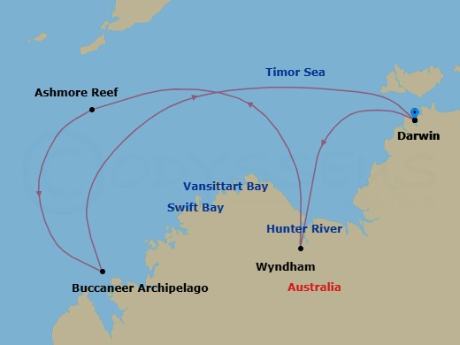 10 Night - Darwin to Darwin - Silver Cloud - Starting in Darwin, Wyndham, Vansittart Bay (Jar Island), Ashmore Reef, Buccaneer Archipelago Region, Hunter River Region, Western Australia, Swift Bay, King George River (Kimberley, Western Australia), Darwin itinerary map