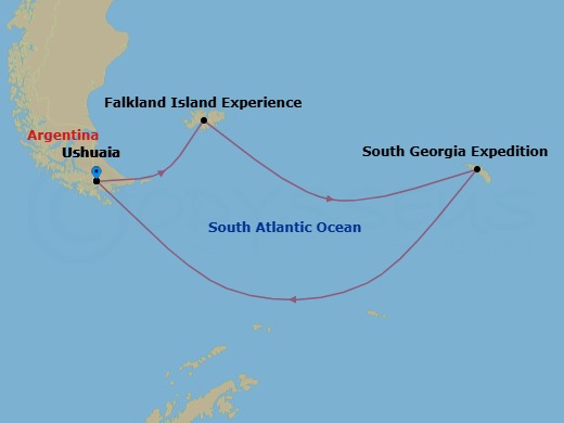 20 Night - Antarctica, South Georgia, and the Falklands - National Geographic Explorer - Starting in Ushuaia, Argentina / EmbarkShip, Antarctica, South Georgia Island, Falkland Islands, Ushuaia / Disembark Ship itinerary map