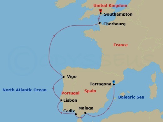 9 Night - Northern Europe - MSC Meraviglia - Starting in Tarragona, Spain, Malaga (Granada), Spain, Cadiz (Seville), Spain, Lisbon (Cascais), Portugal, Vigo (Santiago De Compostela), Spain, Cherbourg (Mont Saint-Michel), France, Southampton (London), United Kingdom itinerary map