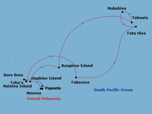 14 Night - Papeete to Papeete - Silver Whisper - Starting in Papeete (Tahiti), Motu Tahaa, Bora Bora (Society Islands), Raiatea, Fakarava, Tuamotu Archipelago, Fatu Hiva, Marquesas Islands, Nuku Hiva, Marquesas Islands, Tahuata, Marquesas Islands, Rangiroa, Huahine, Moorea Island, Papeete (Tahiti) itinerary map