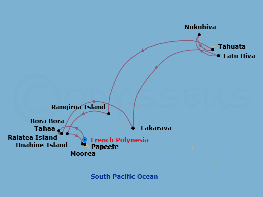 14 Night - Papeete to Papeete - Silver Whisper - Starting in Papeete (Tahiti), Bora Bora (Society Islands), Motu Tahaa, Raiatea, Fakarava, Tuamotu Archipelago, Fatu Hiva, Marquesas Islands, Nuku Hiva, Marquesas Islands, Tahuata, Marquesas Islands, Rangiroa, Huahine, Moorea Island, Papeete (Tahiti) itinerary map