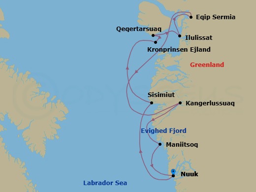 8 Night - Nuuk to Nuuk - Silver Wind - Starting in Nuuk (Godthab), Sisimiut, Kronprinsen Ejland, Qeqertarsuaq, Ilulissat, Eqip Sermia Glacier, Evigheds Glacier, Kangerlussuaq, Maniitsoq, Nuuk (Godthab) itinerary map