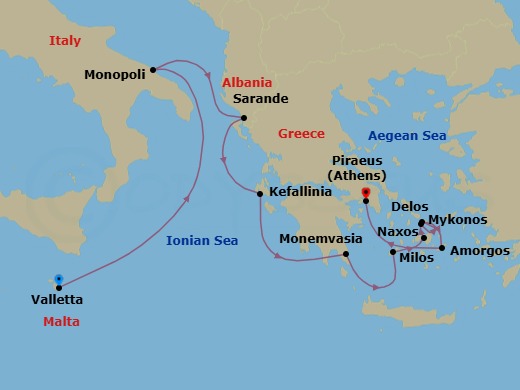 10 Night - Valletta to Athens - Silver Wind - Starting in Valletta, Monopoli, Sarande, Fiskardo, Cephalonia, Monemvasia (Laconia), Milos, Naxos, Delos, Mykonos, Amorgos, Athens (Piraeus) itinerary map