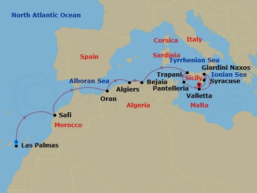 13 Night - Las Palmas to Valletta - Silver Wind - Starting in Las Palmas, Canary Islands, Safi, Oran, Algiers, Bejaia, Trapani, Sicily, Pantelleria, Sicily, Siracusa (Sicily), Giardini Naxos (Sicily), Valletta itinerary map