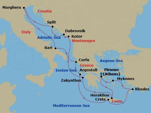 13 Night - Eastern Mediterranean from Piraeus (Athens) - Costa Deliziosa - Starting in Piraeus (Athens), Heraklion (Crete), Zakynthos, Kotor, Dubrovnik, Croatia, Split, Marghera (Venice), Bari, Corfu, Argostoli (Cephalonia), Souda Bay (Crete), Rhodes, Mykonos, Piraeus (Athens) itinerary map