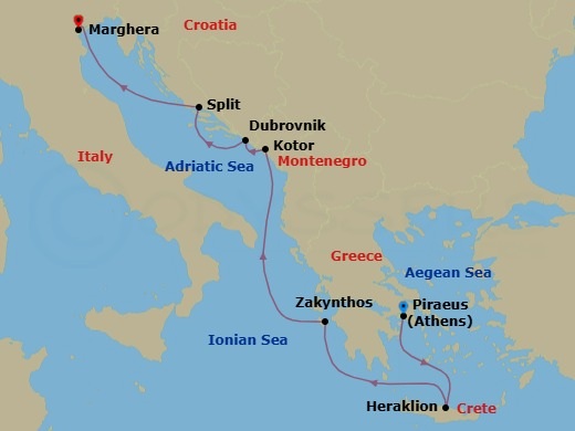 6 Night - Eastern Mediterranean from Piraeus (Athens) - Costa Deliziosa - Starting in Piraeus (Athens), Heraklion (Crete), Zakynthos, Kotor, Dubrovnik, Croatia, Split, Marghera (Venice) itinerary map
