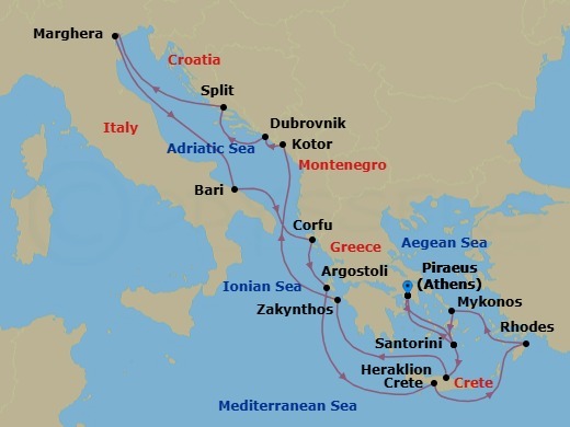 15 Night - Eastern Mediterranean from Piraeus (Athens) - Costa Deliziosa - Starting in Piraeus (Athens), Thira (Santorini), Heraklion (Crete), Zakynthos, Kotor, Dubrovnik, Croatia, Split, Marghera (Venice), Bari, Corfu, Argostoli (Cephalonia), Souda Bay (Crete), Rhodes, Mykonos, Thira (Santorini), Piraeus (Athens) itinerary map