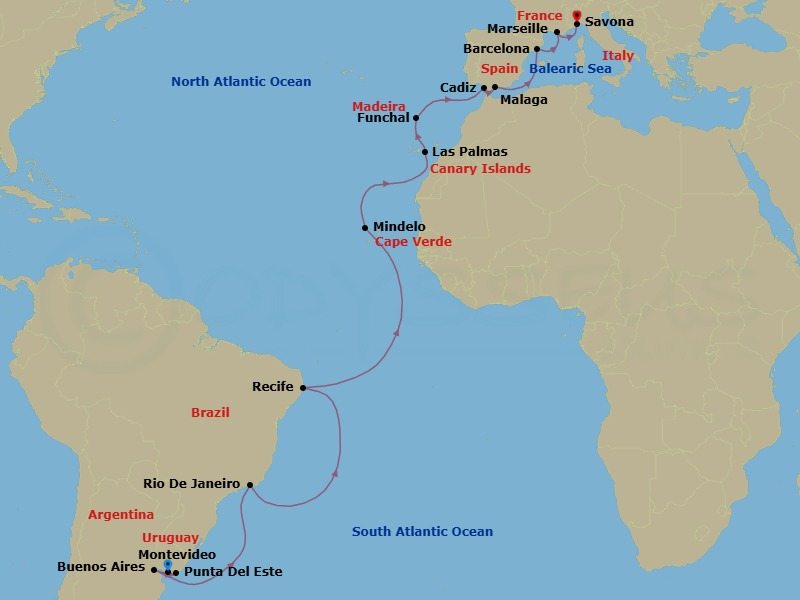 25 Night - Southern Europe from Montevideo to Savona - Costa Serena - Starting in Montevideo, Punta Del Este, Buenos Aires, Rio De Janeiro, Recife, Mindelo (Sao Vicente), Las Palmas (Gran Canaria), Funchal (Madeira), Cadiz, Malaga, Barcelona, Marseille, Savona itinerary map