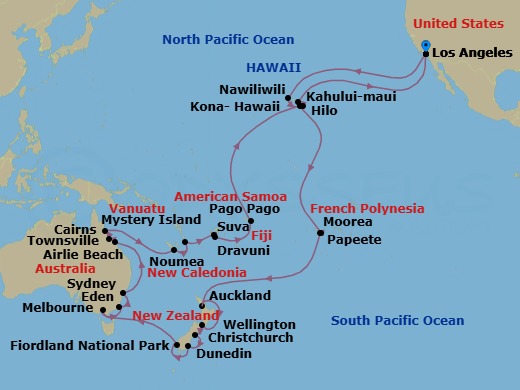 60 Night - Australia & South Pacific Grand Explorer - Crown Princess - Starting in Los Angeles, California, Kauai (Nawiliwili), Hawaii, Kona, Hawaii, Tahiti (Papeete), French Polynesia, Moorea, French Polynesia, Cross International Date Line, Auckland, New Zealand, Wellington, New Zealand, Christchurch (Lyttelton), New Zealand, Dunedin (Port Chalmers), New Zealand, Fiordland National Park (Scenic Cruising), Melbourne, Australia, Eden, Australia, Sydney AU, Airlie Beach, Australia, Townsville, Australia, Cairns, Australia, Noumea, New Caledonia, Mystery Island, Vanuatu, Suva, Fiji, Dravuni Island, Fiji, Cross International Date Line, Pago Pago, American Samoa, Hilo, Hawaii, Kahului, Hawaii, Los Angeles, California itinerary map