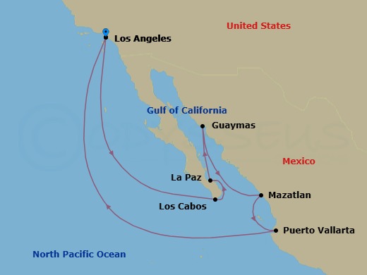 11 Night - Baja Peninsula & Sea of Cortez - Crown Princess - Starting in Los Angeles, California, Cabo San Lucas, Mexico, La Paz, Mexico, Guaymas, Mexico, Mazatlan, Mexico, Puerto Vallarta, Mexico, Los Angeles, California itinerary map