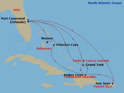 14 Night - Eastern Caribbean Adventurer - Caribbean Princess - Starting in Port Canaveral (Orlando), Florida, Nassau, Bahamas, Princess Cays, Bahamas, Amber Cove, Dominican Republic, Grand Turk, Turks and Caicos, Port Canaveral (Orlando), Florida, San Juan, Puerto Rico, Amber Cove, Dominican Republic, Grand Turk, Turks and Caicos, Port Canaveral (Orlando), Florida itinerary map