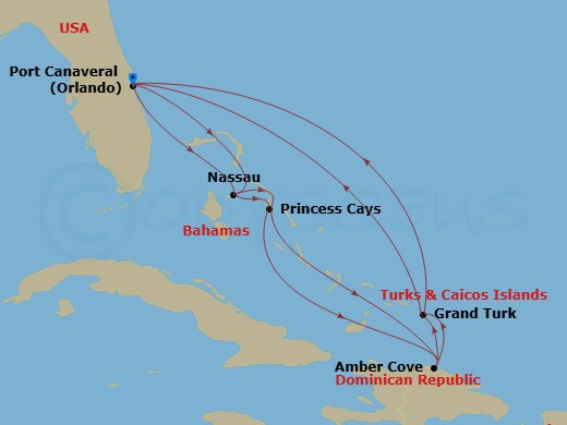 14 Night - Eastern Caribbean Adventurer - Caribbean Princess - Starting in Port Canaveral (Orlando), Florida, Nassau, Bahamas, Princess Cays, Bahamas, Amber Cove, Dominican Republic, Grand Turk, Turks and Caicos, Port Canaveral (Orlando), Florida, Nassau, Bahamas, Princess Cays, Bahamas, Amber Cove, Dominican Republic, Grand Turk, Turks and Caicos, Port Canaveral (Orlando), Florida itinerary map