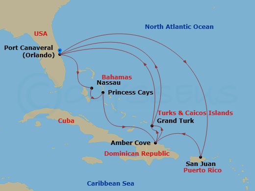 14 Night - Eastern / Western Caribbean Adventurer - Caribbean Princess - Starting in Port Canaveral (Orlando), Florida, San Juan, Puerto Rico, Amber Cove, Dominican Republic, Grand Turk, Turks and Caicos, Port Canaveral (Orlando), Florida, Nassau, Bahamas, Princess Cays, Bahamas, Amber Cove, Dominican Republic, Grand Turk, Turks and Caicos, Port Canaveral (Orlando), Florida itinerary map