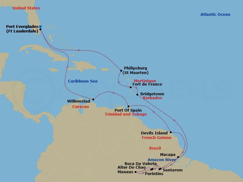27 Night - Legendary Amazon Explorer - Volendam - Starting in Fort Lauderdale, Florida, Philipsburg, Sint Maarten, Fort-De-France, Martinique, Bridgetown, Barbados, Crossing the Amazon River Bar, Brazil, Cruising the Amazon River, Macapa, Brazil, Cruising the Amazon River, Crossing the Equator, Cruising the Amazon River, Santarem, Brazil, Boca da Valeria, Brazil, Manaus, Brazil, Parintins, Brazil, Alter Do Chao, Brazil, Crossing the Equator, Cruising the Amazon River, Crossing the Amazon River Bar, Brazil, Devils Island, French Guiana, Port-of-Spain, Trinidad and Tobago, Willemstad AN, Curacao, Fort Lauderdale, Florida itinerary map