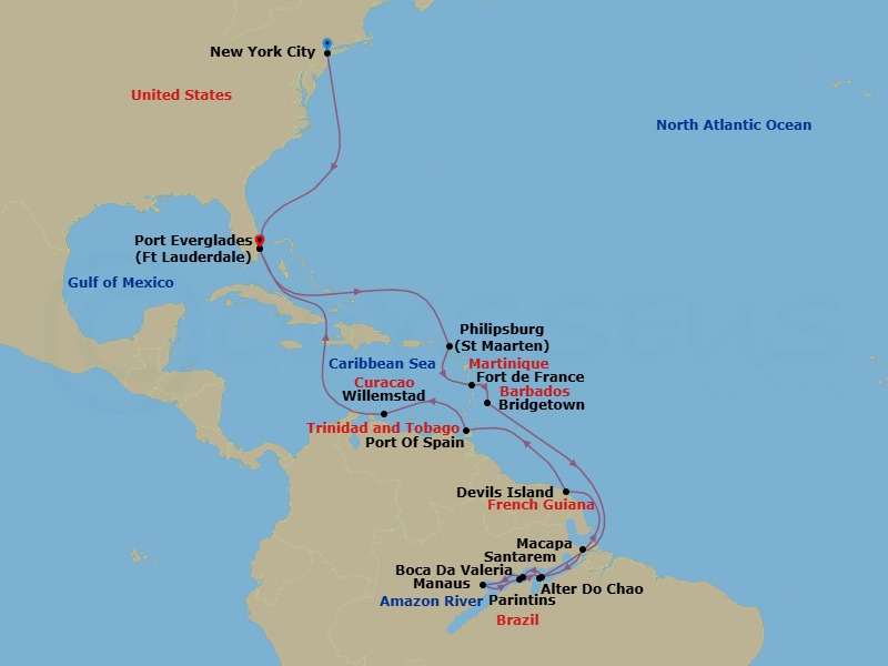 30 Night - Legendary Amazon Explorer - Volendam - Starting in New York, Fort Lauderdale, Florida, Philipsburg, Sint Maarten, Fort-De-France, Martinique, Bridgetown, Barbados, Crossing the Amazon River Bar, Brazil, Cruising the Amazon River, Macapa, Brazil, Cruising the Amazon River, Crossing the Equator, Cruising the Amazon River, Santarem, Brazil, Boca da Valeria, Brazil, Manaus, Brazil, Parintins, Brazil, Alter Do Chao, Brazil, Crossing the Equator, Cruising the Amazon River, Crossing the Amazon River Bar, Brazil, Devils Island, French Guiana, Port-of-Spain, Trinidad and Tobago, Willemstad AN, Curacao, Fort Lauderdale, Florida itinerary map