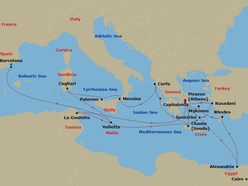 28 Night - Greek Isles & Solar Eclipse - Oosterdam - Starting in Barcelona, Spain, Valletta, Malta, Souda (Chania), Greece, Thira (Santorini), Greece, Kusadasi (Ephesus), Turkey, Piraeus (Athens), Greece, Alexandria EG (Cairo), Egypt, Rhodes, Greece, Mykonos, Greece, Piraeus (Athens), Greece, La Goulette (Tunis), Tunisia, Valletta, Malta, Cagliari, Sardinia, Italy, Palermo, Sicily, Italy, Messina, Italy, Kerkira, (Corfu), Greece, Argostoli, Cephalonia, Greece, Souda (Chania), Greece, Piraeus (Athens), Greece itinerary map