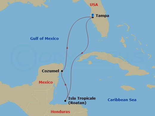 5 Night - Western Caribbean - Carnival Paradise - Starting in Tampa, Fl, Isla Tropicale, Roatan, Cozumel, Mexico, Tampa, Fl itinerary map