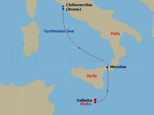 2 Night - Mediterranean - MSC World Asia - Starting in Civitavecchia (Rome), Italy, Messina (Taormina), Italy, La Valletta, Malta itinerary map