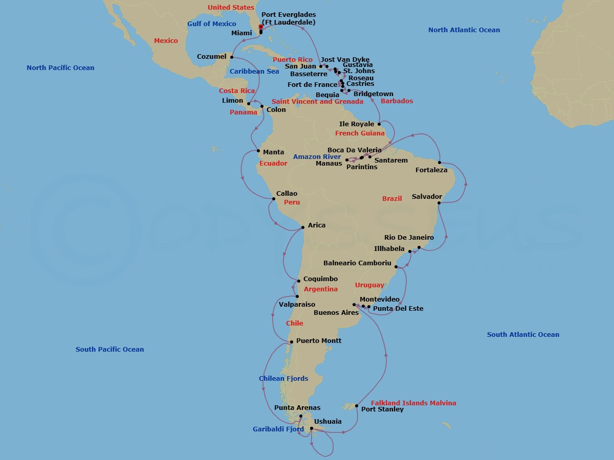 77 Night - Caribbean from Miami to Ft Lauderdale (Port Everglades) - Silver Ray - Starting in Miami, Cozumel, Quintana Roo, Puerto Limon, Colon, Panama Canal Transit, Manta, Lima, Arica, Coquimbo, Valparaiso, Puerto Montt, Chilean Fjords, Punta Arenas, Ushuaia, Garibaldi Fjord and Glacier, Ushuaia, Port Stanley, Falkland Islands, Buenos Aires, Montevideo, Punta Del Este, Balneario Camboriu, Ilhabela, Brazil, Rio De Janeiro, Salvador De Bahia, Fortaleza, Amazon River, Santarem, Boca Da Valeria, Manaus, Parintins, Amazon River, Ile Royale, Bridgetown, Bequia, Castries, Fort-de-France, Roseau, St Johns AG, St Kitts, Gustavia, Jost Van Dyke, San Juan, Fort Lauderdale itinerary map