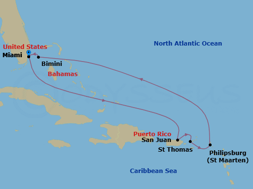 9 Night - Eastern Caribbean & Bimini Holiday - Brilliant Lady - Starting in Miami, Florida, San Juan, Puerto Rico, Charlotte Amalie, St Thomas, Philipsburg, Sint Maarten, The Beach Club at Bimini, Bahamas, Miami, Florida itinerary map