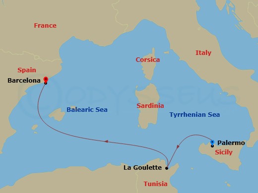 3 Night - Mediterranean - MSC Euribia - Starting in Palermo (Monreale), Italy, La Goulette, Tunisia, Barcelona, Spain itinerary map