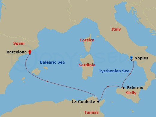4 Night - Mediterranean - MSC Euribia - Starting in Naples (Pompeii), Italy, Palermo (Monreale), Italy, La Goulette, Tunisia, Barcelona, Spain itinerary map