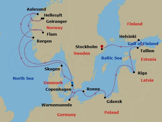 16 Night - Northern Europe from Copenhagen to Stockholm - Silver Nova - Starting in Copenhagen, Bergen, Alesund, Geiranger, Norway, Hellesylt, Norway, Flam, Norway, Skagen, Copenhagen, Warnemunde, Ronne, Gdansk, Riga, Tallinn, Helsinki, Stockholm itinerary map