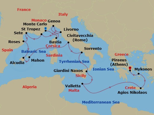 17 Night - Cruise from Monte Carlo to Athens - Silver Dawn - Starting in Monte Carlo, Livorno, Genoa, Bastia, Saint Tropez, Sete, Roses, Alcudia, Porto Mahon, Civitavecchia, Sorrento, Giardini Naxos, Valletta, Aghios Nikolaos, Mykonos, Athens itinerary map