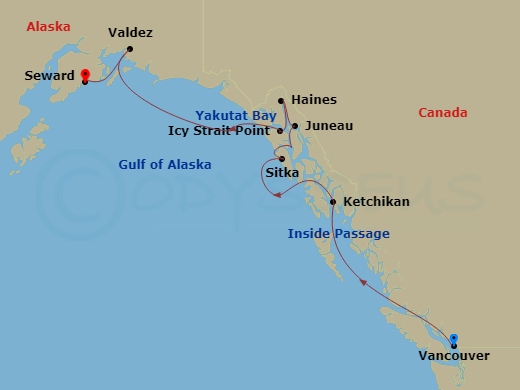 10 Night - Alaska & the Inside Passage - Viking Venus - Starting in Vancouver, British Columbia, Scenic Sailing the Inside Passage, Ketchikan, Alaska, Sitka, Alaska, Juneau, Alaska, Haines, Alaska, Icy Strait Point, Alaska, Scenic Sailing Hubbard Glacier, Valdez, Alaska, Seward, Alaska itinerary map