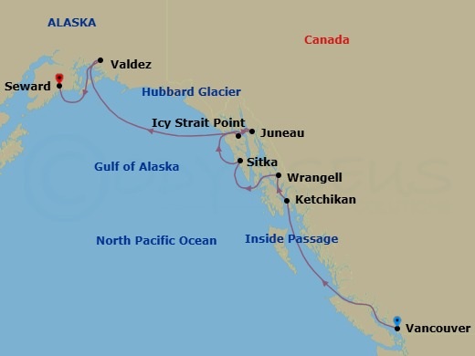 10 Night - Alaska & the Inside Passage - Viking Venus - Starting in Vancouver, British Columbia, Scenic Sailing the Inside Passage, Ketchikan (Ward Cove), Alaska, Wrangell, Alaska, Sitka, Alaska, Icy Strait Point, Alaska, Juneau, Alaska, Scenic Sailing Hubbard Glacier, Valdez, Alaska, Seward, Alaska itinerary map