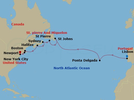 14 Night - History On the Horizon - Seven Seas Splendor - Starting in Lisbon, Cruising the Atlantic Ocean, Ponta Delgada (Azores), Cruising the Atlantic Ocean, St Johns, Saint-Pierre, Sydney CA, Halifax, Boston, Newport, New York itinerary map