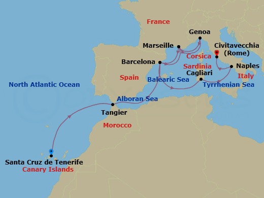 12 Night - Western Mediterranean from S. Cruz De Tenerife - Costa Smeralda - Starting in Santa Cruz de Tenerife, Tangier, Barcelona, Marseille, Genoa (Portofino), Marseille, Barcelona, Cagliari, Naples, Civitavecchia (Rome) itinerary map
