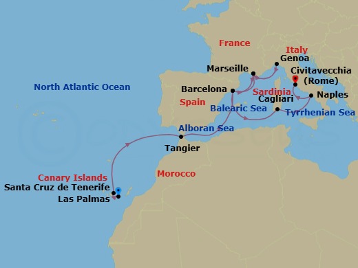 13 Night - Western Mediterranean from Las Palmas - Costa Smeralda - Starting in Las Palmas (Gran Canaria), Santa Cruz de Tenerife, Tangier, Barcelona, Marseille, Genoa (Portofino), Marseille, Barcelona, Cagliari, Naples, Civitavecchia (Rome) itinerary map