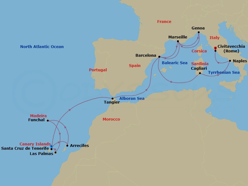 17 Night - Western Mediterranean from S. Cruz De Tenerife - Costa Smeralda - Starting in Santa Cruz de Tenerife, Arrecife (Lanzarote), Funchal (Madeira), Las Palmas (Gran Canaria), Santa Cruz de Tenerife, Tangier, Barcelona, Marseille, Genoa (Portofino), Marseille, Barcelona, Cagliari, Naples, Civitavecchia (Rome) itinerary map