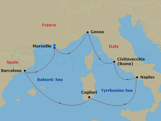 7 Night - Western Mediterranean from Marseille - Costa Smeralda - Starting in Marseille, Barcelona, Cagliari, Naples, Civitavecchia (Rome), Genoa (Portofino), Marseille itinerary map