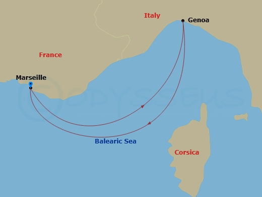 2 Night - Western Mediterranean Roundtrip from Marseille - Costa Smeralda - Starting in Marseille, Genoa (Portofino), Marseille itinerary map