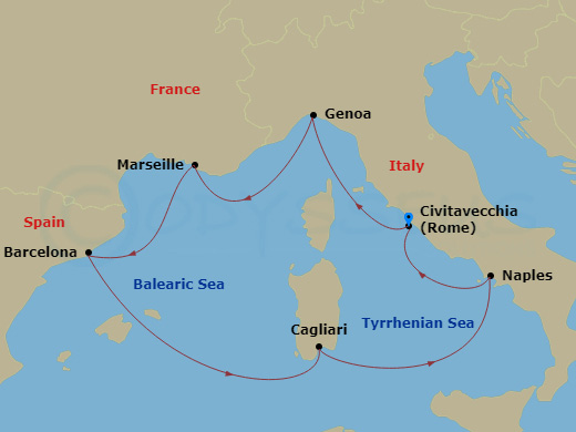 7 Night - Western Mediterranean Roundtrip from Rome (Civitavecchia) - Costa Smeralda - Starting in Civitavecchia (Rome), Genoa (Portofino), Marseille, Barcelona, Cagliari, Naples, Civitavecchia (Rome) itinerary map