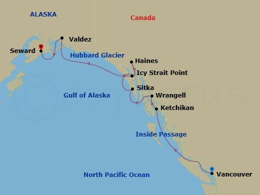10 Night - Alaska & the Inside Passage - Viking Orion - Starting in Vancouver, British Columbia, Scenic Sailing the Inside Passage, Ketchikan (Ward Cove), Alaska, Wrangell, Alaska, Sitka, Alaska, Haines, Alaska, Icy Strait Point, Alaska, Scenic Sailing Hubbard Glacier, Valdez, Alaska, Seward, Alaska itinerary map