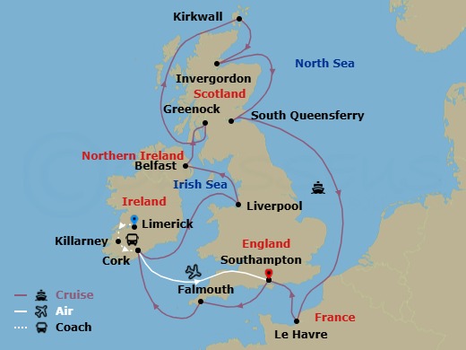 16 Night - Ring of Kerry - Tour 3A - Majestic Princess Tours - Starting in Limerick, Ireland, Killarney, Ireland, Cork, Ireland (Ringaskiddy / for Blarney Castle), Southampton (for London), England, Cornwall (Falmouth), England, Cork, Ireland (Cobh / for Blarney Castle), Liverpool, England, Belfast, Northern Ireland, Glasgow (Greenock), Scotland, Orkney Islands (Kirkwall), Scotland, Invergordon, Scotland, Edinburgh (South Queensferry), Scotland, Le Havre (for Paris / Normandy), France, Southampton (for London), England itinerary map