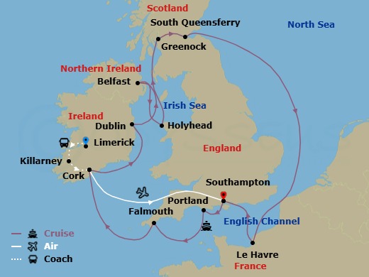 16 Night - Ring of Kerry - Tour 3A - Majestic Princess Tours - Starting in Limerick, Ireland, Killarney, Ireland, Cork, Ireland (Ringaskiddy / for Blarney Castle), Southampton (for London), England, Portland UK, Cornwall (Falmouth), England, Cork, Ireland (Cobh / for Blarney Castle), Dublin (Dun Laoghaire), Ireland, Belfast, Northern Ireland, Holyhead, Wales, Glasgow (Greenock), Scotland, Edinburgh (South Queensferry), Scotland, Le Havre (for Paris / Normandy), France, Southampton (for London), England itinerary map