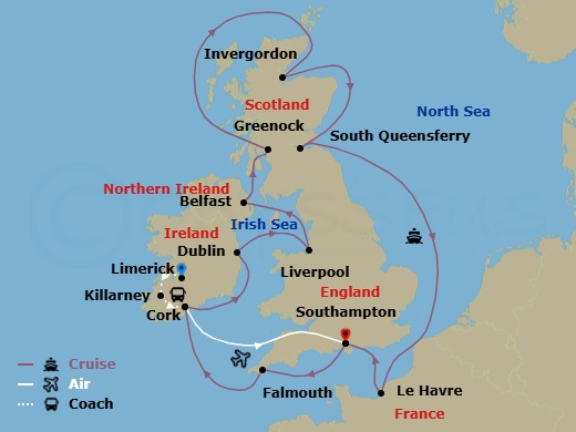 16 Night - Ring of Kerry - Tour 3A - Majestic Princess Tours - Starting in Limerick, Ireland, Killarney, Ireland, Cork, Ireland (Ringaskiddy / for Blarney Castle), Southampton (for London), England, Cornwall (Falmouth), England, Cork, Ireland (Cobh / for Blarney Castle), Dublin (Dun Laoghaire), Ireland, Liverpool, England, Belfast, Northern Ireland, Glasgow (Greenock), Scotland, Invergordon, Scotland, Edinburgh (South Queensferry), Scotland, Le Havre (for Paris / Normandy), France, Southampton (for London), England itinerary map