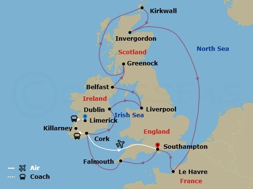 16 Night - Ring of Kerry - Tour 3A - Majestic Princess Tours - Starting in Limerick, Ireland, Killarney, Ireland, Cork, Ireland (Ringaskiddy / for Blarney Castle), Southampton (for London), England, Cornwall (Falmouth), England, Cork, Ireland (Cobh / for Blarney Castle), Dublin (Dun Laoghaire), Ireland, Liverpool, England, Belfast, Northern Ireland, Glasgow (Greenock), Scotland, Orkney Islands (Kirkwall), Scotland, Invergordon, Scotland, Le Havre (for Paris / Normandy), France, Southampton (for London), England itinerary map