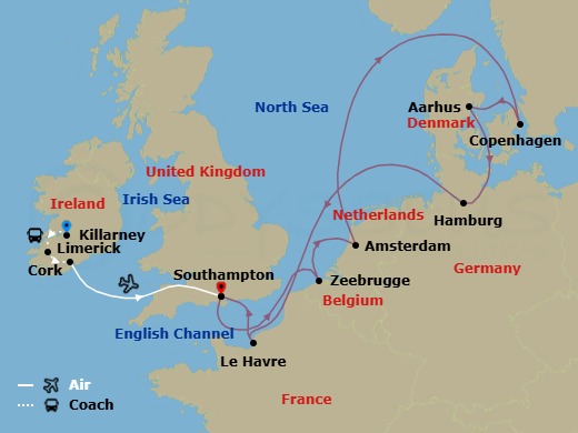 14 Night - Ring of Kerry - Tour 3C - Majestic Princess Tours - Starting in Limerick, Ireland, Killarney, Ireland, Cork, Ireland (Ringaskiddy / for Blarney Castle), Southampton (for London), England, Zeebrugge (for Brussels / Bruges), Belgium, Amsterdam, Netherlands, Copenhagen, Denmark, Aarhus, Denmark, Hamburg, Germany (for Berlin), Le Havre (for Paris / Normandy), France, Southampton (for London), England itinerary map