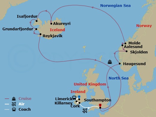 18 Night - Ring of Kerry - Tour 3D - Majestic Princess Tours - Starting in Limerick, Ireland, Killarney, Ireland, Cork, Ireland (Ringaskiddy / for Blarney Castle), Southampton (for London), England, Haugesund, Norway, Skjolden / Sognefjord, Norway, Alesund, Norway, Molde, Norway, Akureyri, Iceland, Isafjordur, Iceland, Grundarfjordur, Iceland, Reykjavik, Iceland, Southampton (for London), England itinerary map