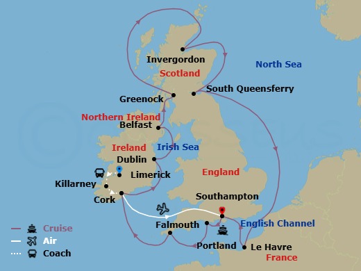 16 Night - Ring of Kerry - Tour 3A - Majestic Princess Tours - Starting in Limerick, Ireland, Killarney, Ireland, Cork, Ireland (Ringaskiddy / for Blarney Castle), Southampton (for London), England, Portland UK, Cornwall (Falmouth), England, Cork, Ireland (Ringaskiddy / for Blarney Castle), Dublin (Dun Laoghaire), Ireland, Belfast, Northern Ireland, Glasgow (Greenock), Scotland, Invergordon, Scotland, Edinburgh (South Queensferry), Scotland, Le Havre (for Paris / Normandy), France, Southampton (for London), England itinerary map