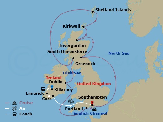 15 Night - Ring of Kerry - Tour 3C - Majestic Princess Tours - Starting in Limerick, Ireland, Killarney, Ireland, Cork, Ireland (Ringaskiddy / for Blarney Castle), Southampton (for London), England, Portland UK, Dublin (Dun Laoghaire), Ireland, Glasgow (Greenock), Scotland, Shetland Islands (Lerwick), Scotland, Orkney Islands (Kirkwall), Scotland, Invergordon, Scotland, Edinburgh (South Queensferry), Scotland, Southampton (for London), England itinerary map