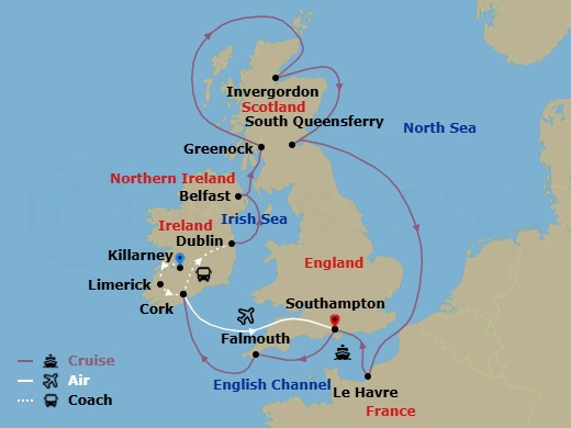 15 Night - Ring of Kerry - Tour 3C - Majestic Princess Tours - Starting in Limerick, Ireland, Killarney, Ireland, Cork, Ireland (Ringaskiddy / for Blarney Castle), Southampton (for London), England, Cornwall (Falmouth), England, Cork, Ireland (Cobh / for Blarney Castle), Dublin (Dun Laoghaire), Ireland, Belfast, Northern Ireland, Glasgow (Greenock), Scotland, Invergordon, Scotland, Edinburgh (South Queensferry), Scotland, Le Havre (for Paris / Normandy), France, Southampton (for London), England itinerary map
